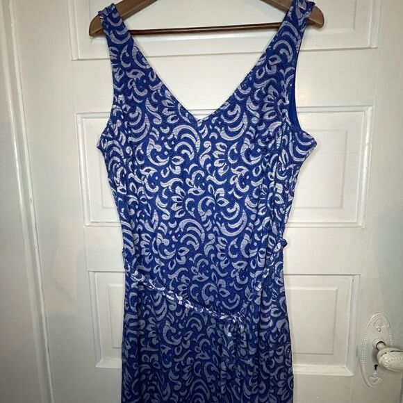 Sharagano Blue & White Half Slip Maxi Dress - Picture 9 of 13